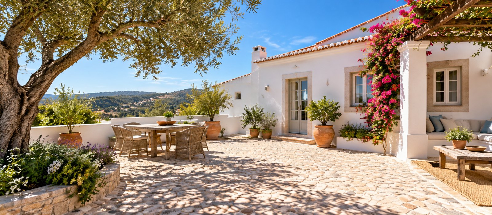 Pátio de reboco ao sol do Algarve, casa pequena sem nome, sem cartazes de venda