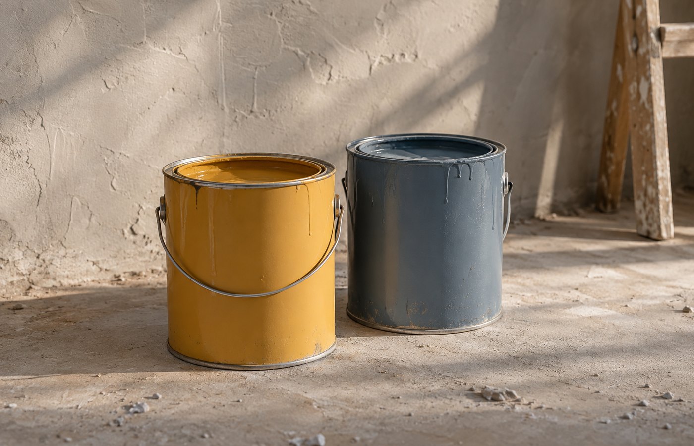 Duas latas sem rótulo, mostarda e azul-ardósia, sobre reboco com pó