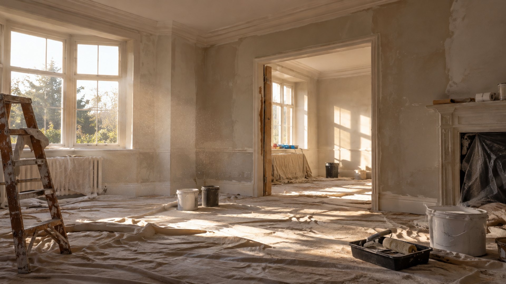 Sala ao sol a meio de obra, pó de reboco no ar, latas sem rótulo e panos no chão, sem pessoas