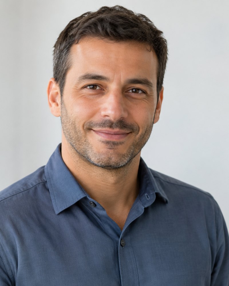 Rui Nogueira, cabelo curto, camisa de trabalho azul-ardósia sem estampa, estúdio claro