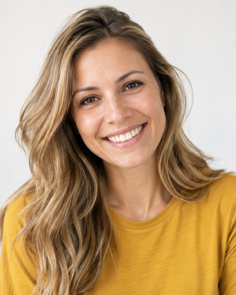 Sofia Almeida, cabelo loiro-escuro, camisa mostarda sem estampa, estúdio claro